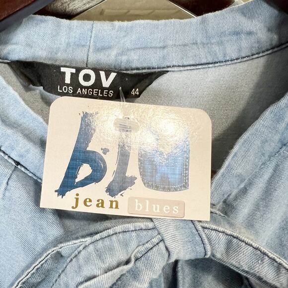 TOV NWT‎ Blue Distressed Victorian Tie Neck Ruffle Tiered Denim Dress Size XL - Picture 10 of 13